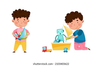 Cute kids playing with toys set. Boys playing with yacht, robot and car cartoon vector illustration