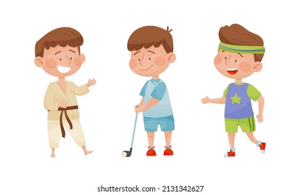 Cute kids playing various sports set. Boys practicing karate, golf and running cartoon vector illustration