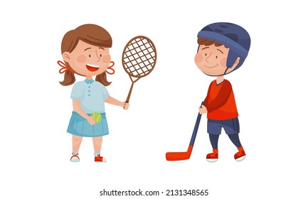 Cute Kids Playing Various Sports Set. Boy And Girl Playing Badminton And Hockey. Children Physical Activity Cartoon Vector Illustration