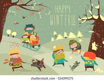 Cute Kids Playing Winter Games