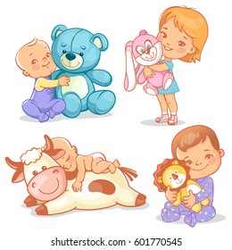  cute kids with plush toys. Boy hold teddy bear. Baby sleep on big toy cow. Happy girl play with soft toy rabbit. Toddler with plush  lion friend.