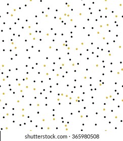 Cute kids polka dot colorful seamless vector pattern with glittering gold and solid black dots on solid white background.
