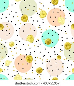 Cute kids polka dot colorful seamless vector pattern with glittering gold and solid pastel shades pink, green and beige dots and circles on solid white background.