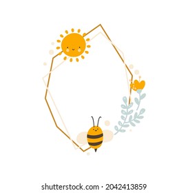 Cute kids Polygon frame with bee and sun with bouquet of flowers wreath summer. Baby scandinavian style vector polygon illustration with place for text.