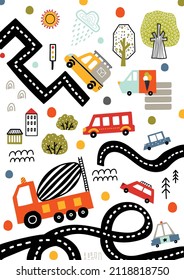 Cute kids poster with cars on a white background.Can be used in textile industry, paper, background, scrapbooking.Vector