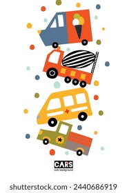 Cute kids poster with cars on a white background.Can be used in textile industry, paper, background, scrapbooking.Vector