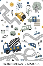 Póster lindo de los niños con los coches en un fondo blanco. Se puede utilizar en la industria textil, papel, fondo, scrapbooking.Vector