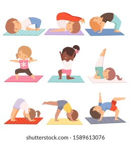 Cute Kids Practicing Yoga Exercises Collection, Active Healthy Lifestyle Vector Illustration