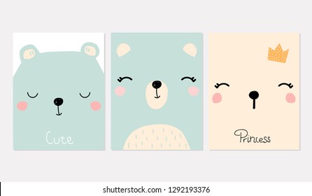 Cute kids print with bear faces and quotes. Vector hand drawn illustration.