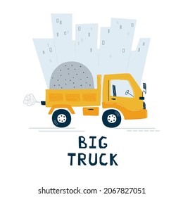 Cute kids print with construction vehicle on white background. Illustration yellow truck and city in cartoon style for wallpaper, fabric, and textile design. Vector