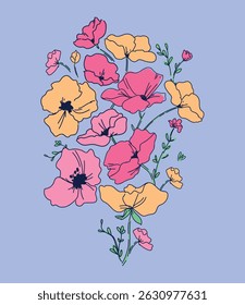 Cute kids print, Flower Drawing Botanical Print Hand drawn vector