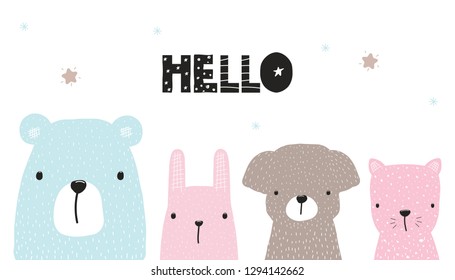 Cute kids print or poster with hand drawn animals and quote. Vector illustration.