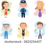 Cute kids professions set. Vector cartoon illustration of children in different occupations: photographer with camera, police officer, singer with microphone, mechanic with wrench, waitress with tray, and scientist with flask. Isolated on white background.