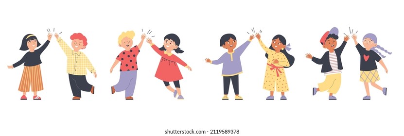 Cute kids or pupils greeting each other giving high five clap, flat cartoon vector illustration isolated on white background. Funny children clapping hands triumphantly.