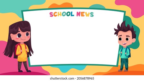 Cute kids, pupils students read school news. Space for your text. Template for advertising brochure. Funny cartoon characters. Vector flat illustration.