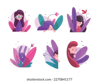 Cute kids and purple rabbit peeking out from bushes set. Lovely kids hiding in dense grass. Kids imagination concept cartoon vector illustration