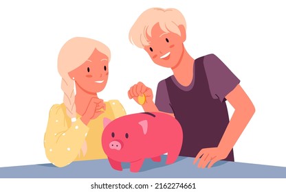 Cute kids putting coin to piggy bank vector illustration. Cartoon boy and girl with moneybox on table, thrifty siblings characters save money isolated on white. Good habit, thrift, investment concept