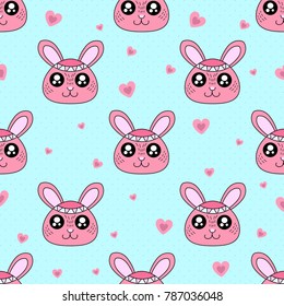Cute kids rabbit pattern for girls and boys. Colorful rabbit on the abstract background create a fun cartoon drawing. The rabbit pattern is made in neon colors. Urban backdrop for textile and fabric.