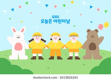 Cute kids with rabbits and bears on Children's Day. Korean : Today is Children's Day