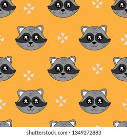 Cute kids raccoon pattern for girls and boys. Colorful raccoon, stars on the abstract background create a fun cartoon drawing. The raccoon pattern is made in pastel colors. Urban pattern for textile