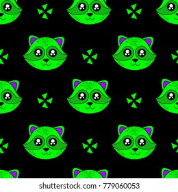 Cute kids raccoon pattern for girls and boys. Colorful raccoon, stars on the abstract background create a fun cartoon drawing. The raccoon pattern is made in pastel colors. Urban pattern for textile