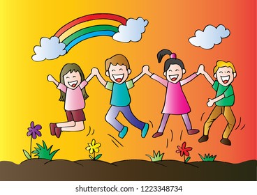 Cute kids with rainbow