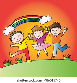 Cute kids with rainbow