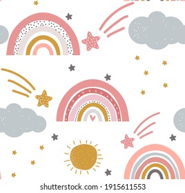 Cute kids rainbow seamless pattern, clouds, stars, sunshine scandinavian print fun and pastel colours mono