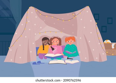 Cute kids read fairytale book in homemade tent vector illustration. Cartoon small happy children friends reading storybook about adventure and travel at home, girl holding flashlight. Study concept