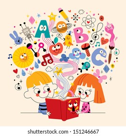 Cute Kids Reading Book Education Concept Illustration