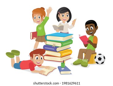 Cute kids reading book, happy kids reading books., Vector and illustration