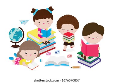 Cute kids reading book, set of children with books, Happy Children while Reading Books, education concept  Vector Illustration on white background.