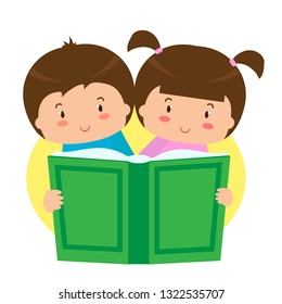 Cute kids are reading a book. Vector illustration.