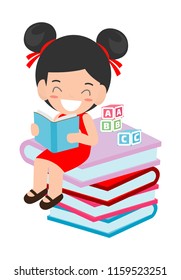 cute kids reading book,cute children reading books, Happy Children while Reading Books, Vector Illustration on white background.education concept
