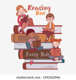 Cute kids reading books. Back to school vector concept 