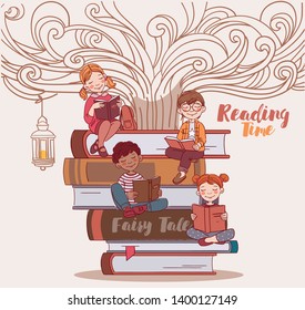 Cute kids reading books. Back to school vector concept 