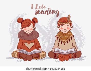 Cute kids reading books. Back to school vector concept