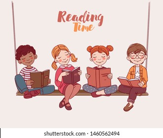 Cute kids reading books. Back to school vector concept 