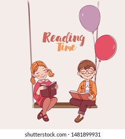 Cute kids reading books. Back to school vector concept