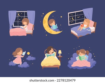 Cute kids reading books before sleeping set. Little girls and boys lying in bed with book at night cartoon