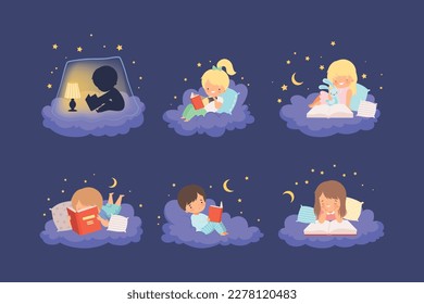 Cute kids reading books before sleeping set. Adorable girls and boys lying in bed and fluffy cloud with book cartoon