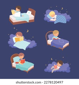 Cute kids reading books before sleeping set. Little girls and boys lying in bed and fluffy cloud at night cartoon