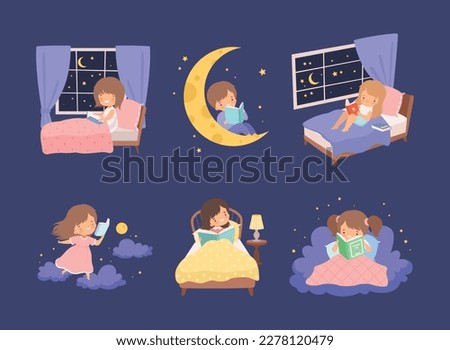 Cute kids reading books before sleeping set. Little girls and boys lying in bed with book at night cartoon