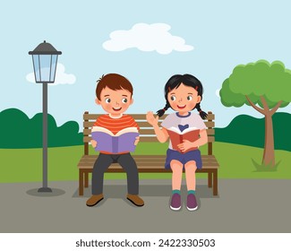 Cute kids reading books discussing sitting on bench at the park 