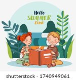 Cute kids reading books in the garden. Nature landscape background. Summer holidays illustration. Vacation time