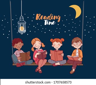 Cute Kids Reading Books In The Garden