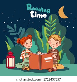 Cute kids reading books in the garden