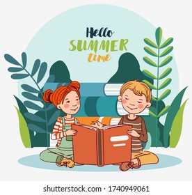 Cute Kids Reading Books In The Garden. Nature Landscape Background. Summer Holidays Illustration. Vacation Time