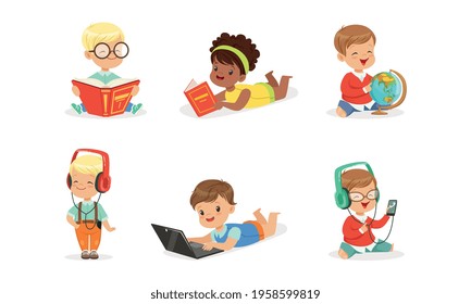 Cute Kids Reading Books and Listening Music Set, Little Children Doing Various Activities Cartoon Vector Illustration