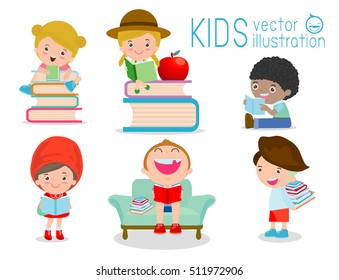 cute kids reading books on white background. Vector Illustration 